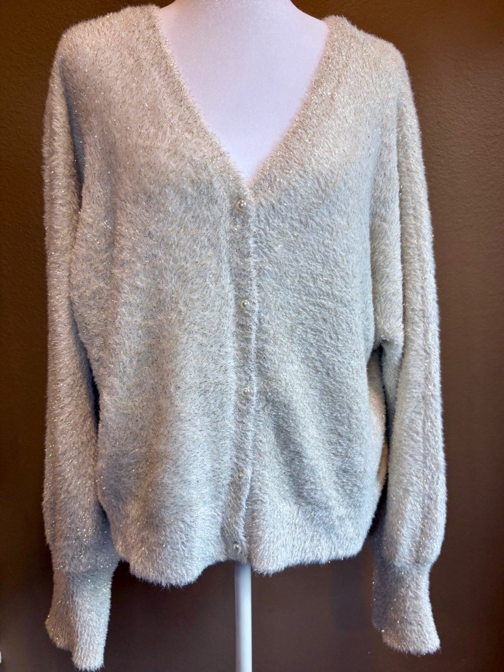 On 34th Alabaster Metallic Fuzzy Knit Cardigan XL Pristine